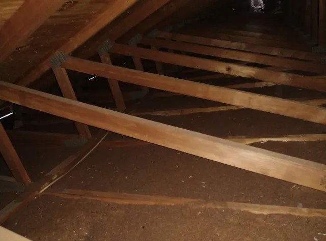 Attic space before professional cleanup showing contamination and degraded insulation