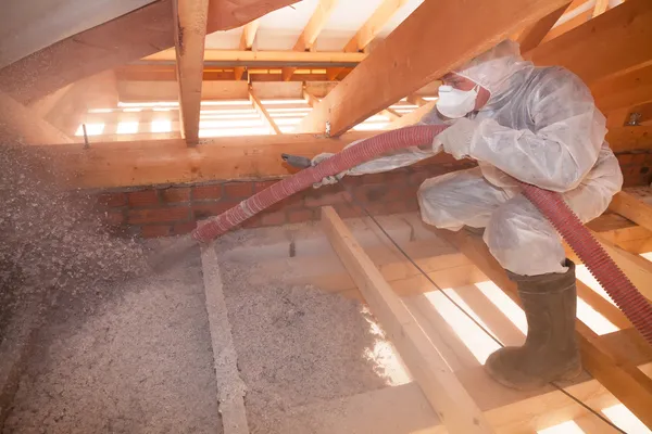 Worker blowing cellulose insulation in attic