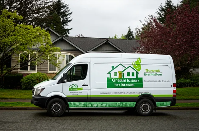 Green Attic branded service van in a residential neighborhood